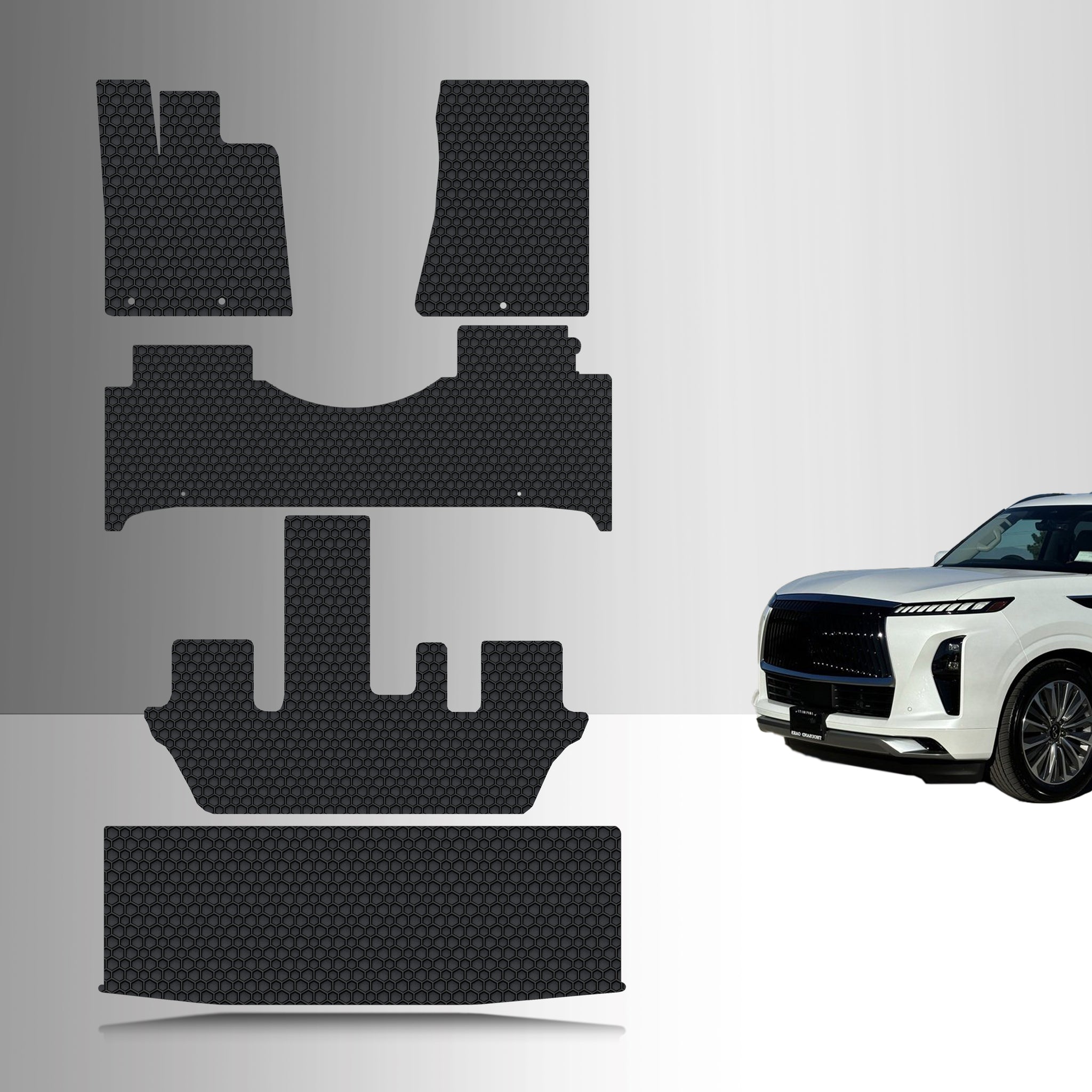 CUSTOM FIT FOR INFINITI QX80 2025 2nd Row Half Console 1st, 2nd & 3rd Row + Cargo (3rd row fold up)
