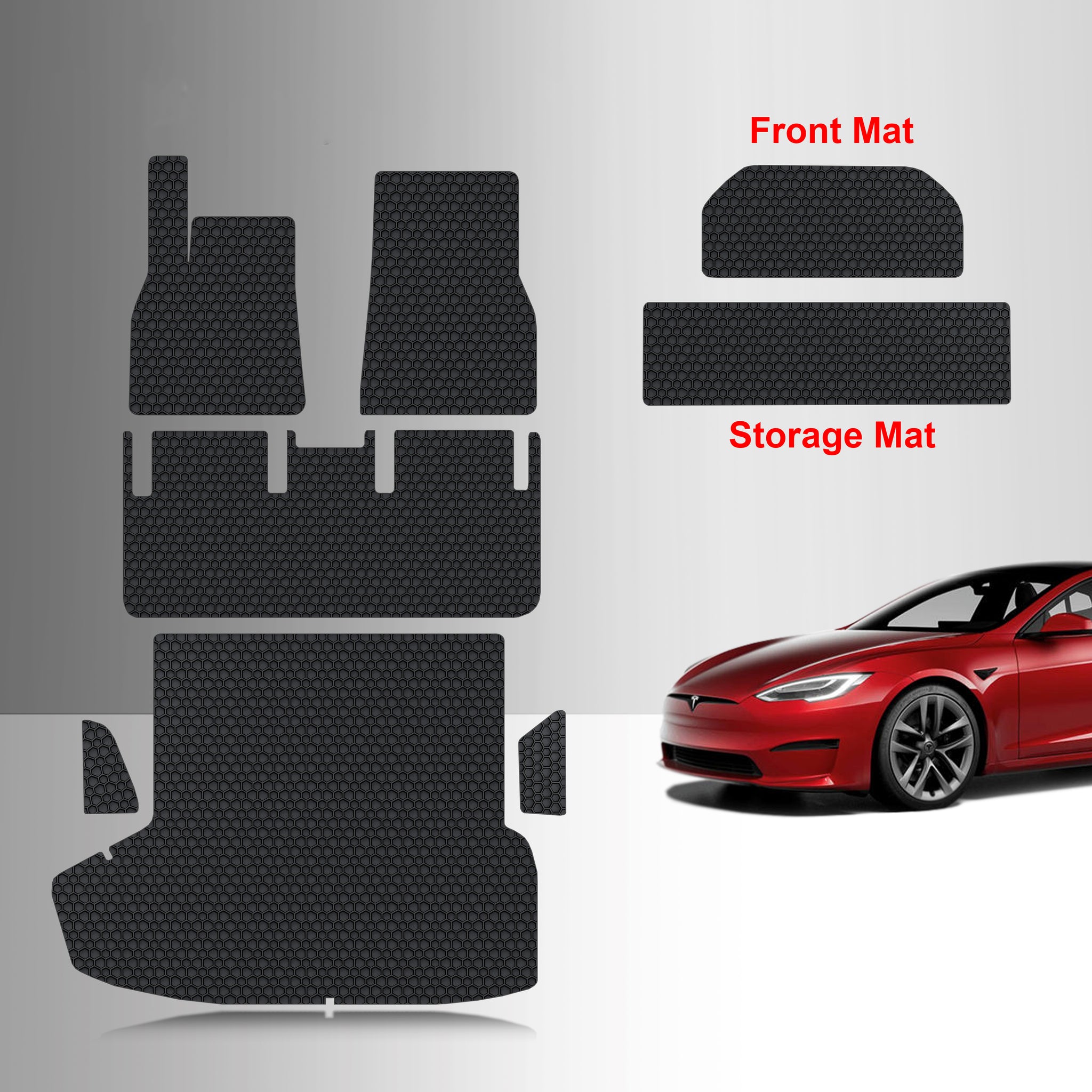 CUSTOM FIT FOR TESLA Model S Long Range / Plaid 2021 Full Set (Front Trunk Front Row Mat 2nd Row Mat Trunk Mat Storage Mat)